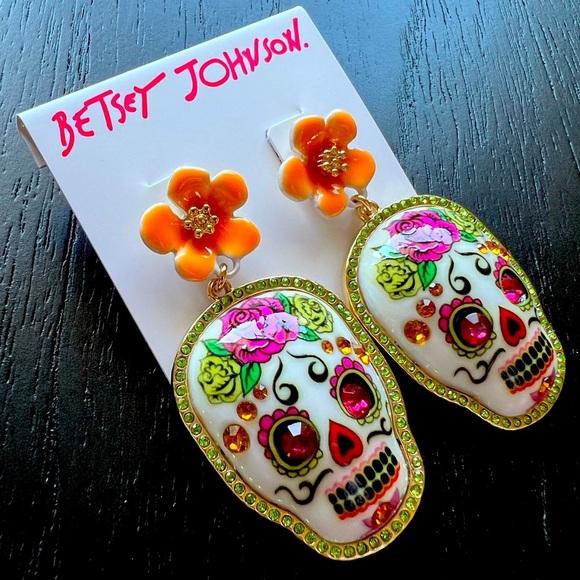 NWT BETSEY JOHNSON HOLA TO LOVE SKULL FLOWER DROP EARRINGS - MULTI | OS - Picture 1 of 4